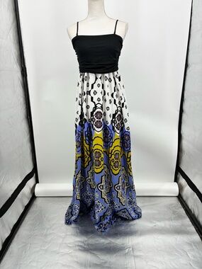 Anthropologie Lilka Black Bodice Maxi Dress w/Purple & Yellow whimsical Pattern